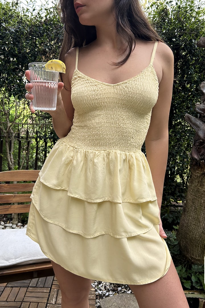 LIGHT YELLOW SHIRRED DRESS
