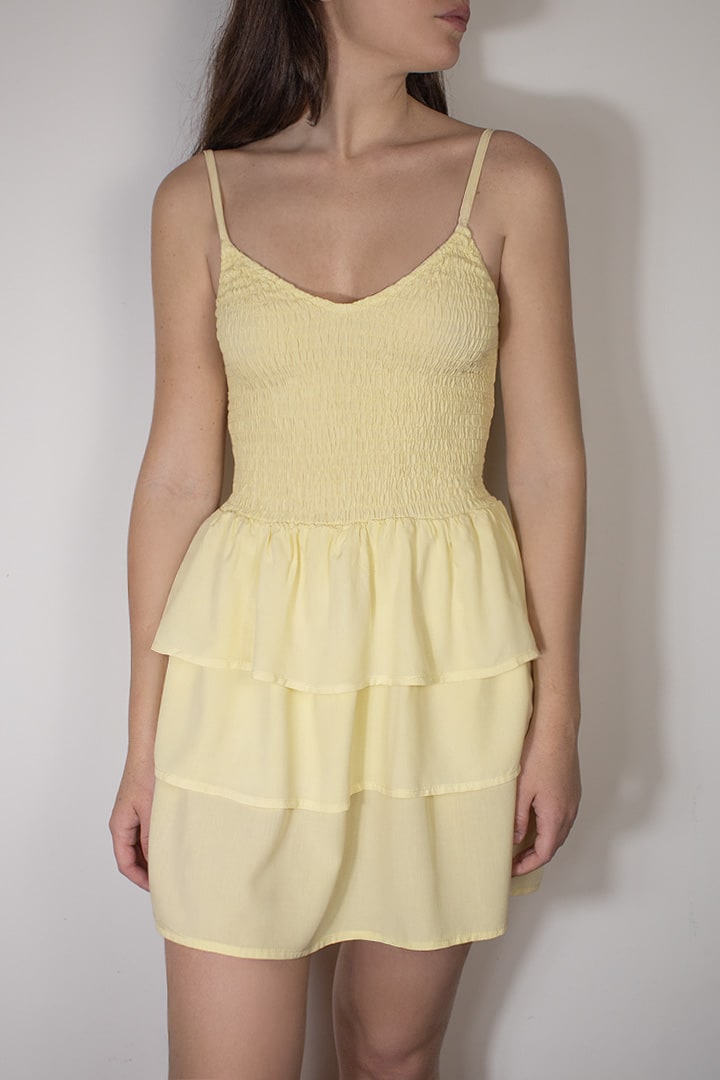 LIGHT YELLOW SHIRRED DRESS