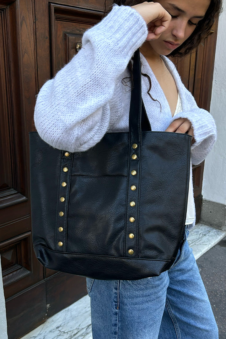 BLACK STUDDED SHOPPER BAG